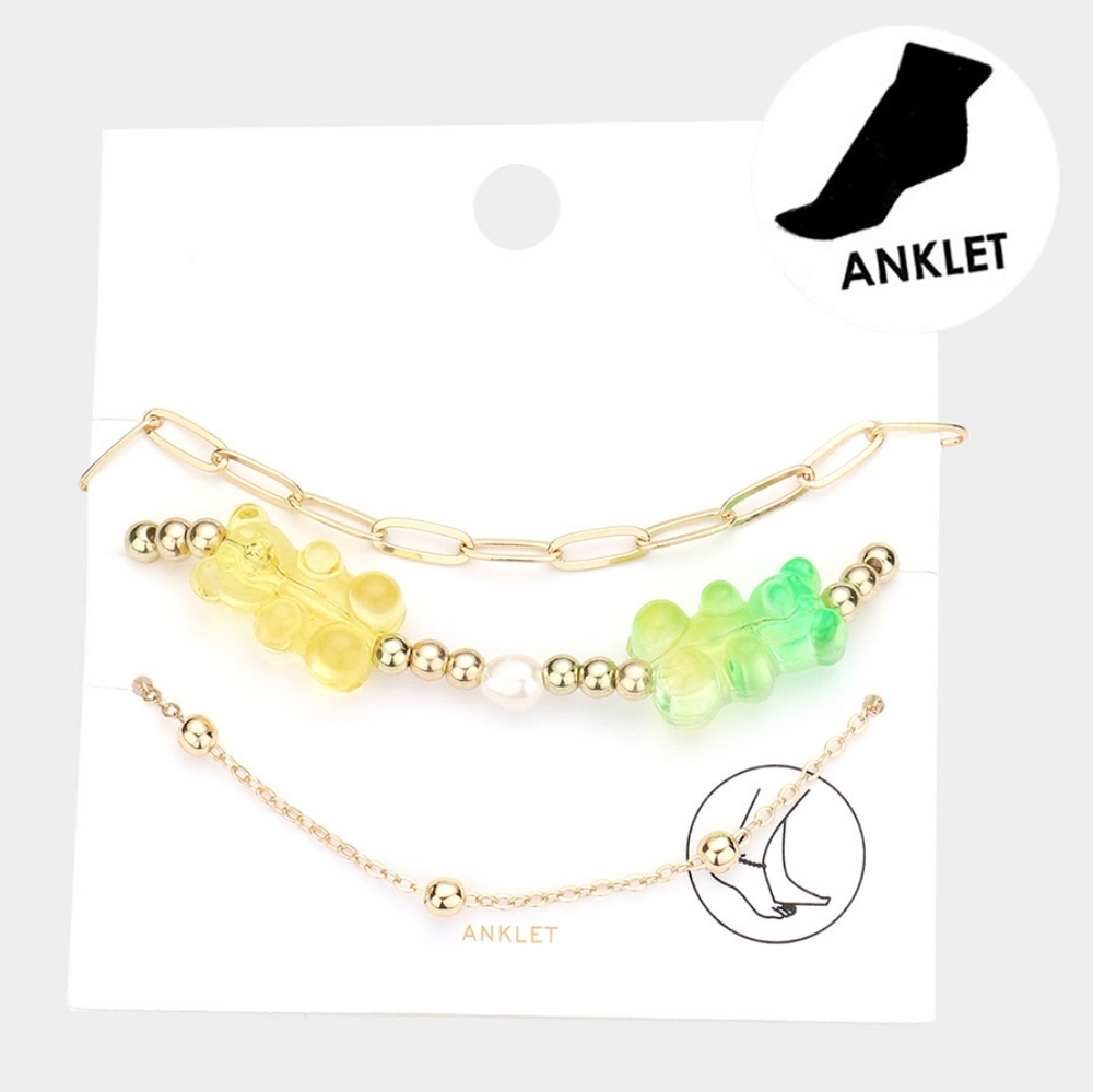 Yellow Link Chain Gummy Bear Pendant Charm Layered Anklet GummyBear